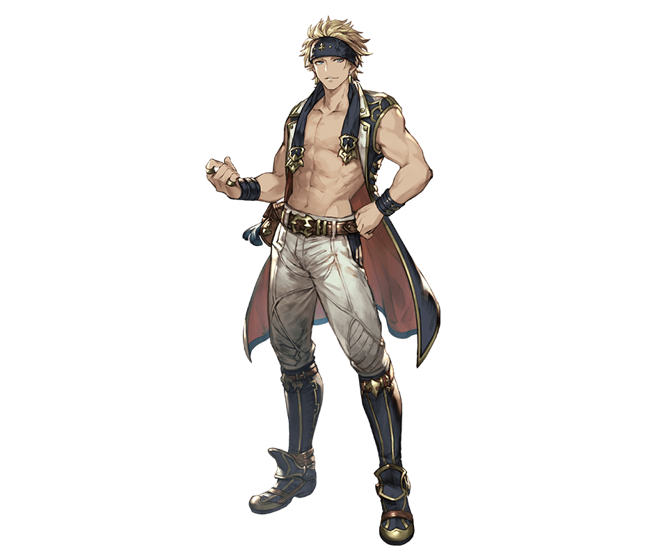 1boy abs belt blonde_hair blue_eyes boots bowman_(granblue_fantasy) earrings full_body granblue_fantasy headband jewelry male_focus minaba_hideo navel official_art ring shirtless solo teeth transparent_background