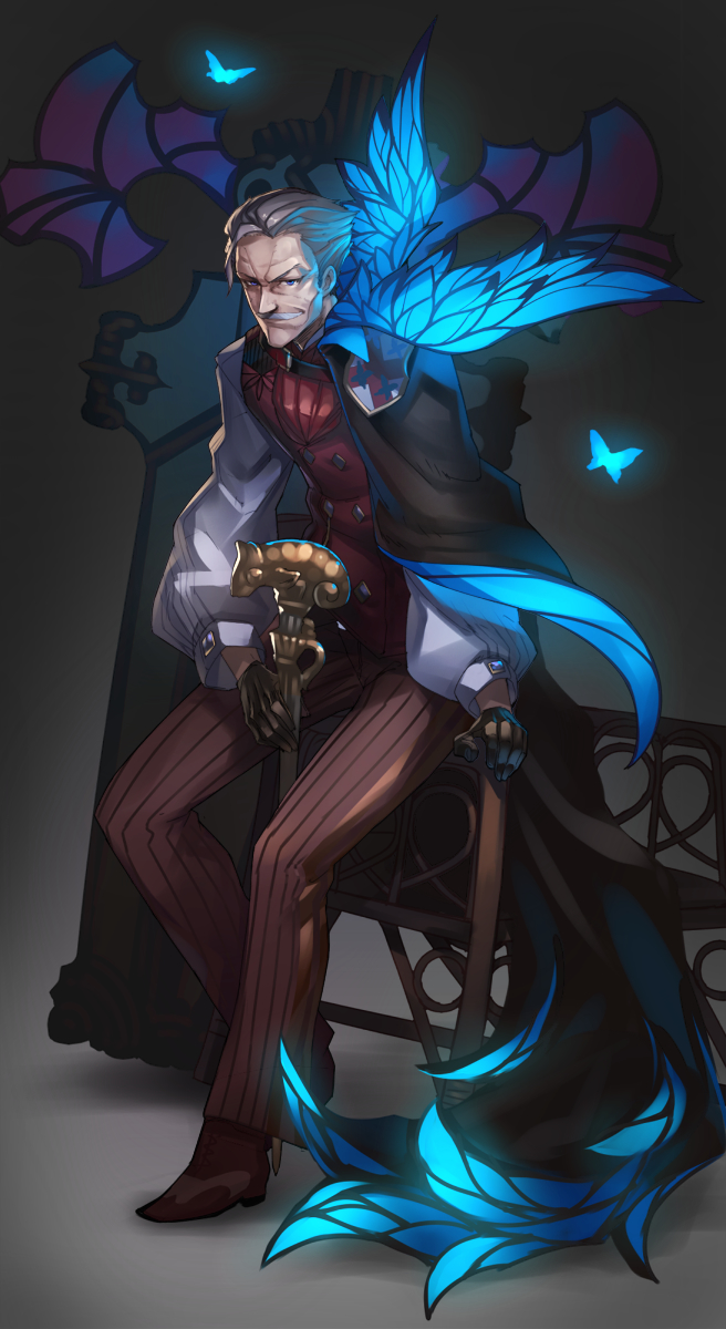 1boy butterfly cane closed_mouth coat_of_arms double-breasted facial_hair fate/grand_order fate_(series) grey_hair grin highres james_moriarty_(fate/grand_order) leaning_on_object long_sleeves looking_at_viewer male_focus mustache sitting smile solo tef vest