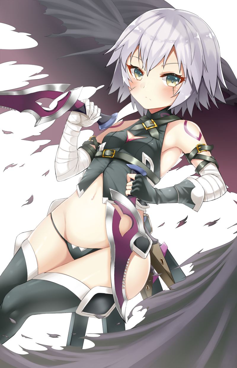 1girl arm_belt armpits assassin_of_black bandage bandaged_arm bandaged_hands bangs bare_shoulders belt black_gloves black_legwear black_panties blush breasts buckle cape cleavage closed_mouth dagger dual_wielding dutch_angle expressionless eyebrows_visible_through_hair fate/apocrypha fate_(series) fingerless_gloves gloves green_eyes groin hair_between_eyes halter_top halterneck hand_up highres holding holding_weapon legs_together looking_at_viewer lowleg lowleg_panties navel panties revision scar scar_on_cheek shimo_(shimo_00) short_hair silver_hair simple_background single_glove small_breasts solo stomach thigh-highs torn_cape torn_clothes underwear weapon white_background