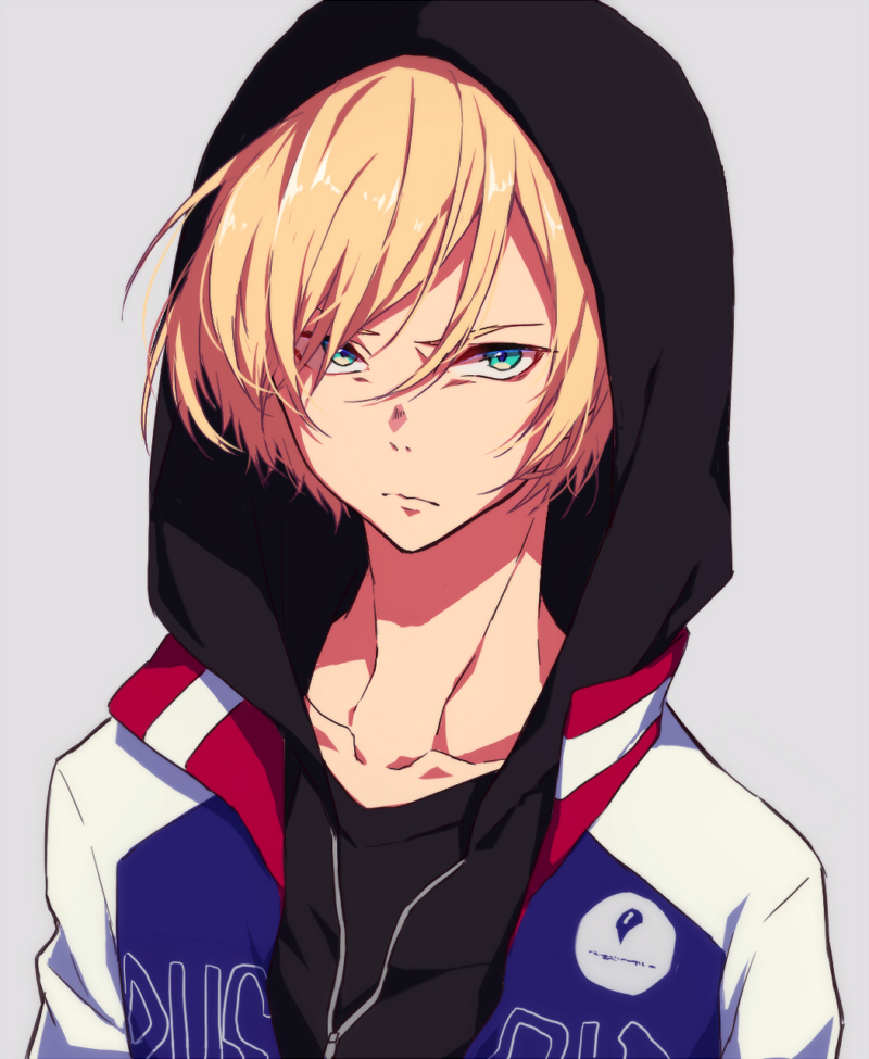 1boy aqua_eyes blonde_hair closed_mouth collarbone frown fujikiri_yana grey_background hood hood_up hoodie jacket looking_at_viewer male_focus open_clothes open_jacket open_track_jacket simple_background solo track_jacket yuri!!!_on_ice yuri_plisetsky