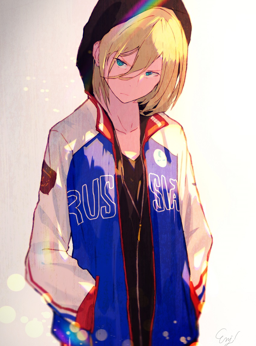 1boy aqua_eyes artist_name blonde_hair enj! hood hood_up hoodie jacket jewelry male_focus necklace open_clothes open_jacket signature solo track_jacket upper_body yuri!!!_on_ice yuri_plisetsky