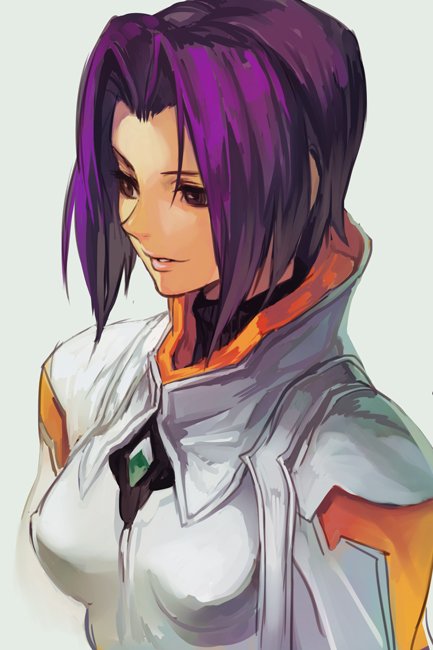1girl bodysuit breasts brown_eyes hankuri lips looking_to_the_side miang_hawwa purple_hair short_hair smile solo white_background xenogears