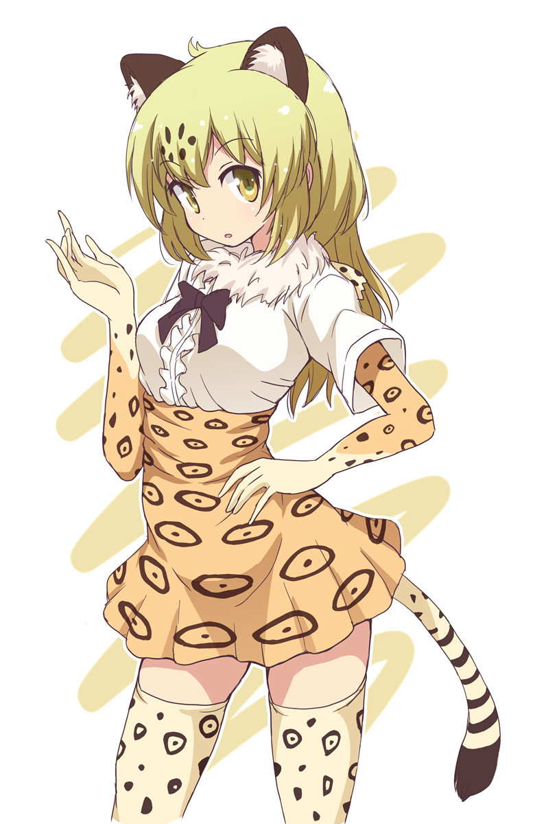 1girl alternate_hairstyle animal_ears animal_print black_bow black_bowtie blonde_hair bow bowtie center_frills collar commentary_request contrapposto cosplay elbow_gloves eyebrows_visible_through_hair frilled_collar frills gloves hand_on_hip high-waist_skirt highres ichii_yui jaguar_(kemono_friends) jaguar_(kemono_friends)_(cosplay) jaguar_ears jaguar_tail kemono_friends long_hair looking_at_viewer mel_(melty_pot) seiyuu_connection shirt skirt solo tail thigh-highs tsuda_minami yellow_eyes yuyushiki