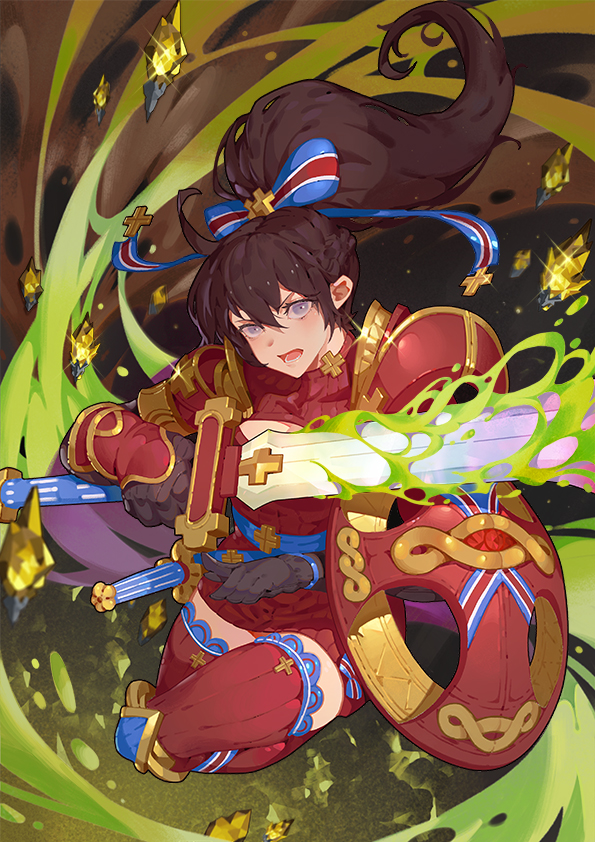 1girl armor black_hair blue_bow blush bow cross eyebrows_visible_through_hair grey_eyes hair_bow holding holding_sword holding_weapon long_hair looking_at_viewer open_mouth original ponytail rainli red_legwear shield sword teeth thigh-highs weapon