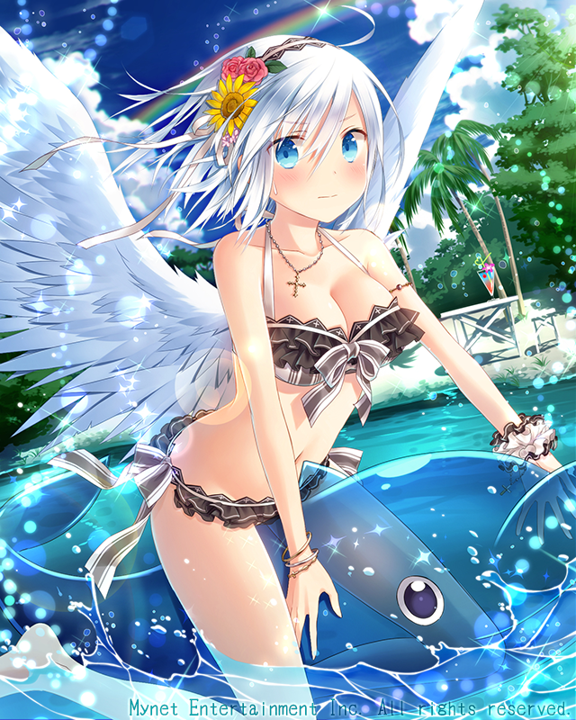 1girl angel_wings bikini bikini_bottom bikini_top black_bikini black_bikini_bottom black_bikini_top blue_eyes blush bracelet breasts cleavage cross cross_necklace eyebrows_visible_through_hair falkyrie_no_monshou flower hair_flower hair_ornament hairband inflatable_toy inflatable_whale jewelry large_breasts looking_at_viewer natsumekinoko navel necklace official_art short_hair silver_hair sitting sunflower_hair_ornament sweatdrop swimsuit wings