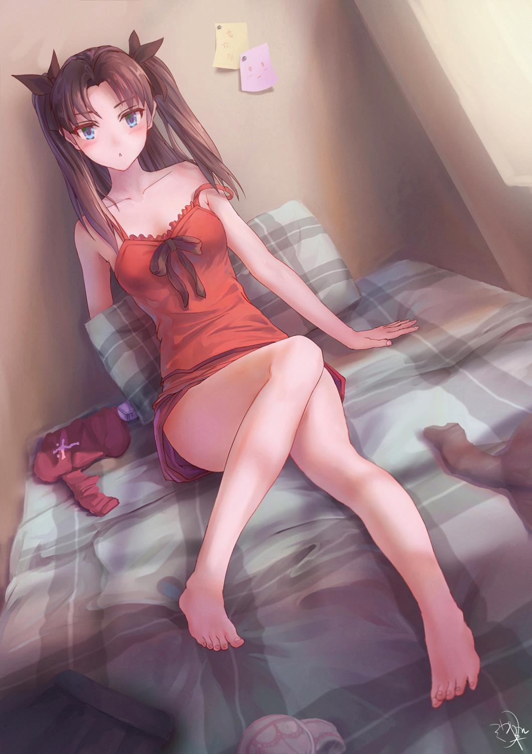 1girl babydoll bangs bare_legs barefoot bed black_ribbon blue_eyes blush bra bra_removed brown_hair camisole commentary_request dutch_angle fate/stay_night fate_(series) feet full_body hair_ribbon head_tilt highres indoors jay_xu legs long_hair long_legs looking_at_viewer nightgown on_bed open_mouth paper plaid revision ribbon shirt_removed signature sitting skirt skirt_removed sleepwear solo strap_slip thighhighs_removed tohsaka_rin triangle_mouth two_side_up underwear window