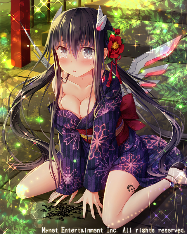 1girl black_hair black_kimono breasts cleavage collar crying crying_with_eyes_open falkyrie_no_monshou flower green_eyes hair_flower hair_ornament japanese_clothes kimono large_breasts long_hair natsumekinoko official_art seiza sitting solo tearing_up tears twintails wariza yukata