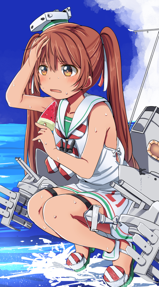 1girl arm_up bangs bare_arms bare_shoulders blue_sky blush cannon collarbone dark_skin day dress eyebrows_visible_through_hair fang food hand_on_forehead hat holding holding_food hot kantai_collection knees_together_feet_apart libeccio_(kantai_collection) long_hair looking_afar looking_away machinery neckerchief no_socks ocean on_liquid open_mouth outdoors plant popsicle sailor_dress shoes sky sleeveless sleeveless_dress solo splashing squatting striped striped_neckerchief tareme thigh_strap tonari_(ichinichime_azuma) turret twintails very_long_hair water white_dress white_hat