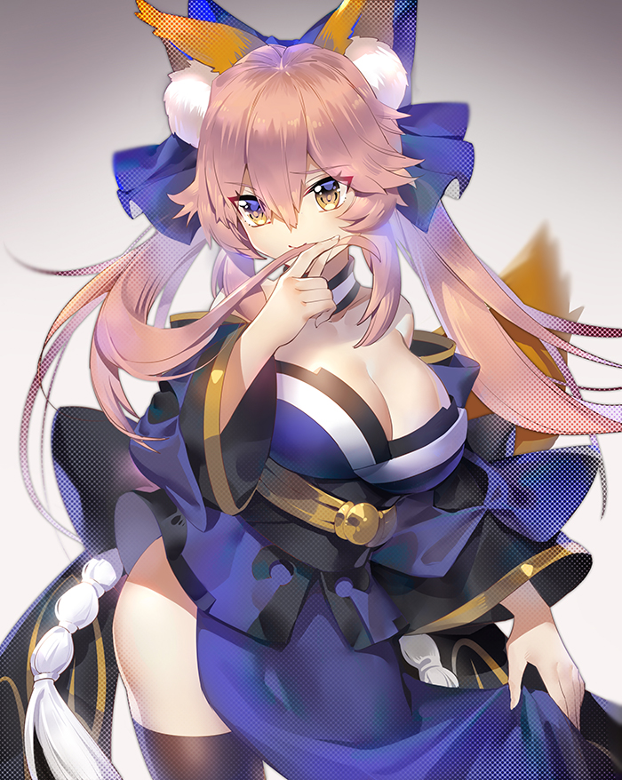 1girl animal_ears balusah blue_legwear breasts cleavage detached_sleeves fate/extra fate/extra_ccc fate/grand_order fate_(series) fox_ears fox_tail hair_ribbon japanese_clothes large_breasts looking_at_viewer pink_hair ribbon solo tail tamamo_(fate)_(all) tamamo_no_mae_(fate) yellow_eyes