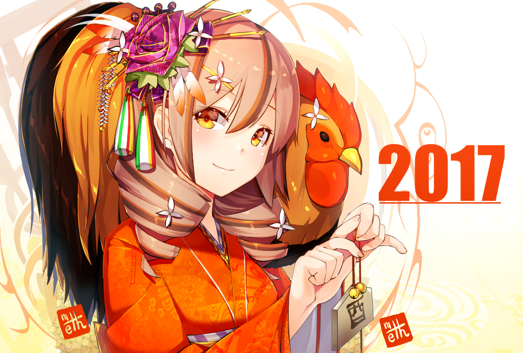 2017 animal artist_name bangs bell bird chicken commentary_request drill_hair ema eyebrows_visible_through_hair flower hair_between_eyes hair_flower hair_ornament hairclip holding japanese_clothes jingle_bell kanzashi kimono light_brown_hair looking_at_viewer meth_(emethmeth) nengajou new_year obi orange_eyes orange_kimono original purple_hair revision rooster sash signature smile upper_body white_flower year_of_the_rooster