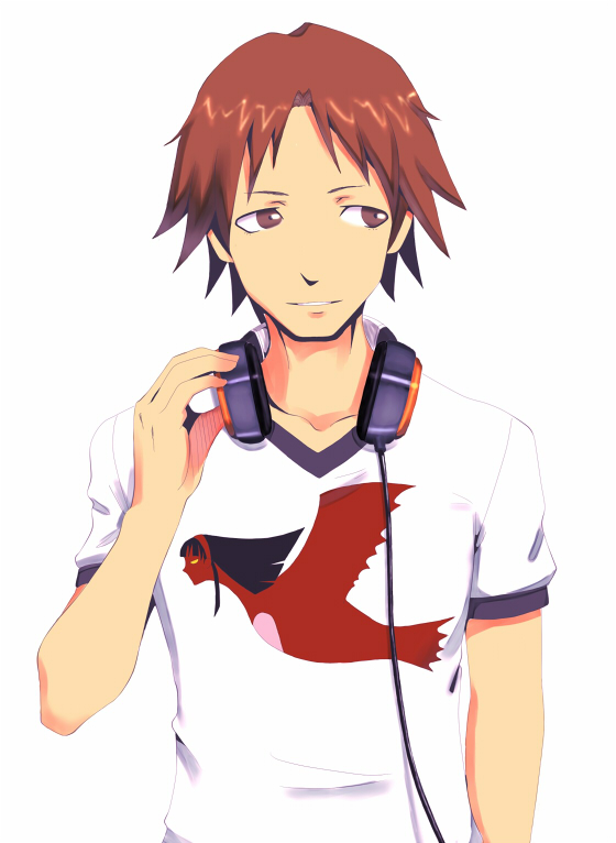 bad_id bird birds brown_eyes brown_hair em hanamura_yousuke headphones headphones_around_neck looking_away male persona persona_4 short_hair t-shirt