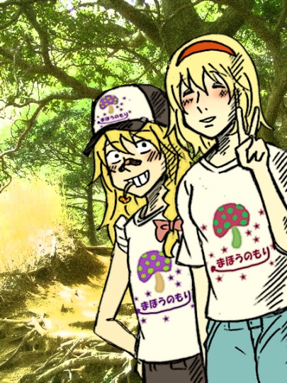 bad_id blonde_hair braid charin clothes_writing hairband jeans kirisame_marisa parody redneck t-shirt touhou tree v