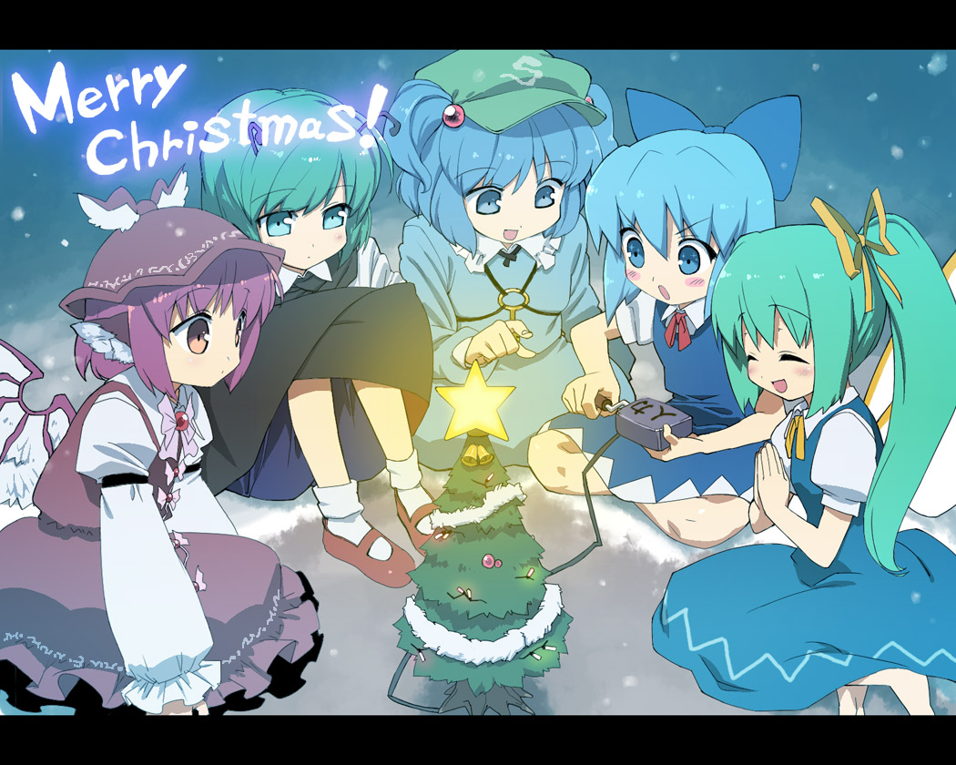 blue_hair blush brown_eyes christmas christmas_tree cirno daiyousei green_eyes green_hair hat kawashiro_nitori long_hair mystia_lorelei purple_hair ribbon ribbons short_hair snow star stars team_9 tonbi touhou wings wriggle_nightbug