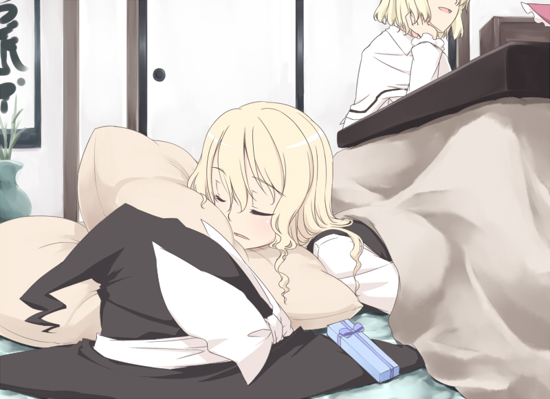 blonde_hair closed_eyes gift hakurei_reimu hat kirisame_marisa kotatsu long_hair lying sakuraba_yuuki sleeping table touhou witch_hat