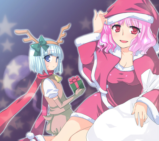 2girls animal_costume bell blue_eyes bob_cut christmas ghost gift hat hitodama horns konpaku_youmu konpaku_youmu_(ghost) midori_(green_tea) midori_(pixiv) multiple_girls pink_hair red_eyes reindeer_costume saigyouji_yuyuko santa_costume santa_hat scarf short_hair silver_hair star stars stocking_cap touhou