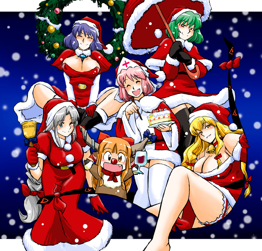 azuki_osamitsu barefoot bell bell_collar blonde_hair breasts cake chibi chopsticks christmas cleavage collar cup food gap gloves green_hair hat horns ibuki_suika kazami_yuuka large_breasts legs long_hair purple_hair red_nose reindeer_costume ribbon ribbons saigyouji_yuyuko santa_hat short_hair shouzu_choukou silver_hair snow stocking_cap thighhighs touhou umbrella white_hair wine wine_glass wreath yagokoro_eirin yakumo_yukari yasaka_kanako