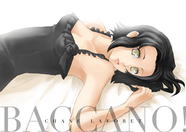 baccano bad_id black_hair chane_laforet dress lying short_hair yellow_eyes yo_(pixiv260787)