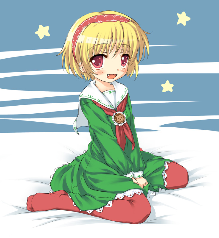 between_thighs blonde_hair blush broiler christmas dress fang hairband higurashi_no_naku_koro_ni houjou_satoko lingerie no_shoes pantyhose petticoat red_eyes red_legwear sailor_dress short_hair sitting star stars underwear v_arms wariza