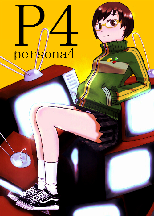 athletic_jacket brown_hair em glasses glow glowing hands_in_pockets persona persona_4 pins pocketed_hands satonaka_chie shoes short_hair skirt sneakers socks television track_jacket yellow-framed_glasses