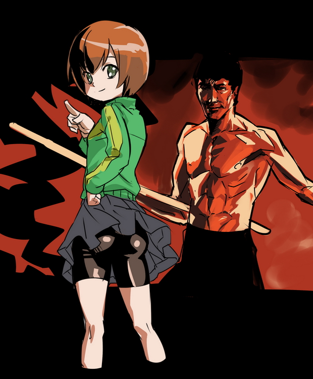 bike_shorts brown_hair bruce_lee kung_fu makacoon martial_arts persona persona_4 satonaka_chie short_hair skirt track_jacket