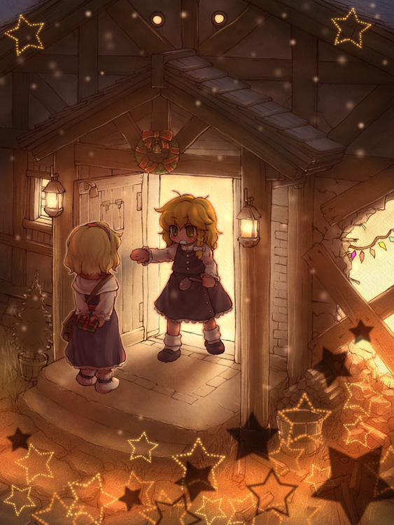 blonde_hair christmas flandre_scarlet gift hairband kirisame_marisa ladle ribbon ribbons sankuma short_hair star stars touhou when_you_see_it wings yellow_eyes