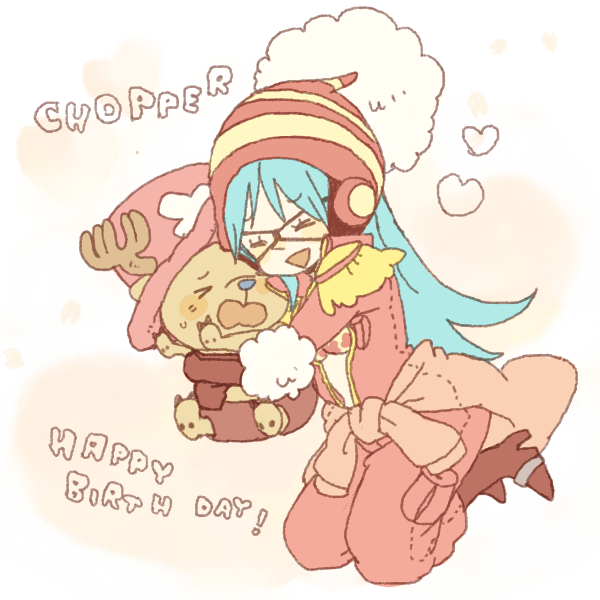 beanie blue_hair blush boots bra chibi closed_eyes glasses goggles hat heart high_heels hug lingerie long_hair one_piece open_clothes open_shirt overalls porche shirt shoes shoulder shoulder_pads smile tony_tony_chopper underwear yukke
