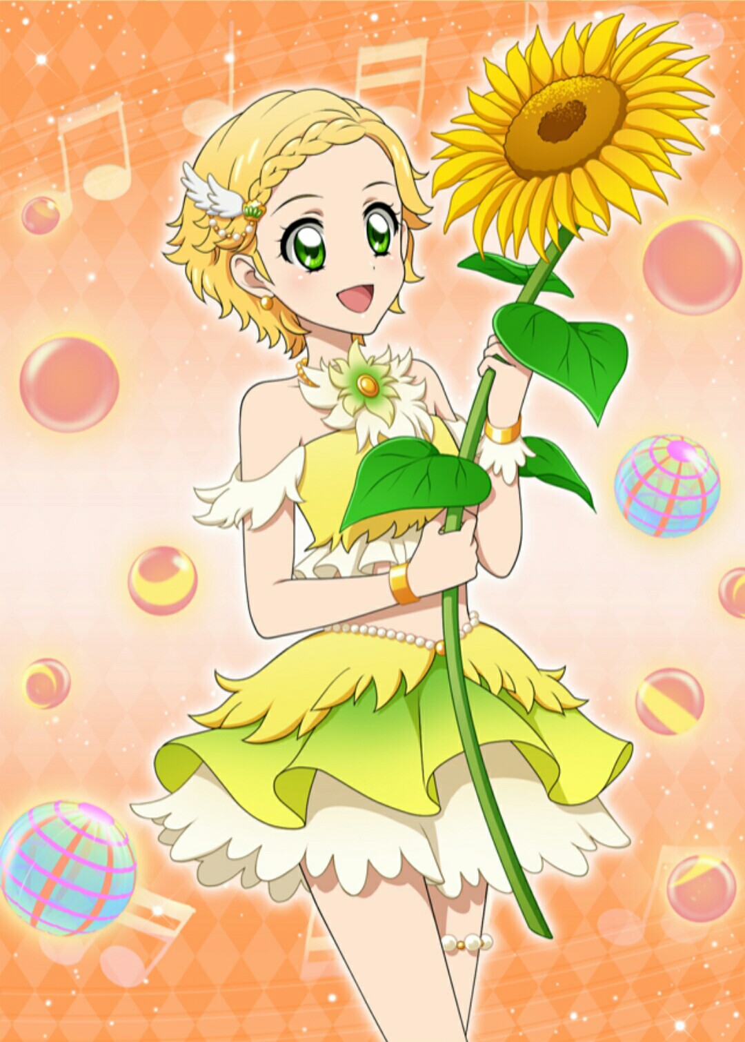 1girl aikatsu! aikatsu!_photo_on_stage!! blonde_hair bracelet braid earrings flower french_braid green_eyes highres holding holding_flower jewelry musical_note open_mouth orange_background shinjou_hinaki shirt short_hair skirt sleeveless smile sunflower wing_hair_ornament yellow_shirt yellow_skirt