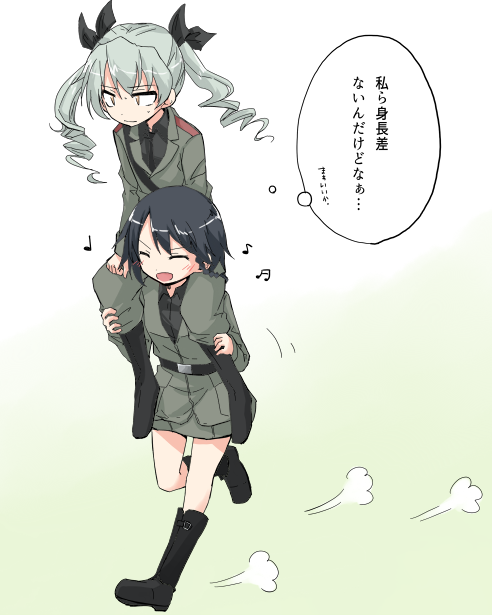 anchovy anzio_military_uniform bangs beamed_quavers belt black_boots black_hair black_necktie black_ribbon black_shirt boots braid carrying closed_eyes crotchet dress_shirt drill_hair dust_cloud full_body girls_und_panzer green_hair grey_jacket grey_pants grey_skirt hair_ribbon jacket kakizaki_(chou_neji) knee_boots long_hair long_sleeves military military_uniform miniskirt musical_note necktie open_mouth pants pencil_skirt pepperoni_(girls_und_panzer) quaver red_eyes ribbon running shirt short_hair shoulder_belt shoulder_carry side_braid simple_background skirt smile standing translated twin_drills twintails uniform white_background