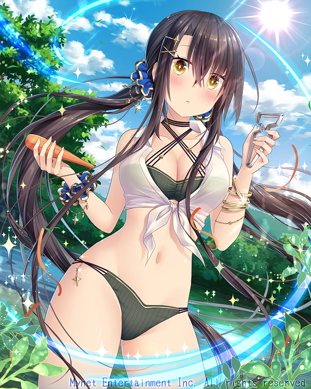 1girl black_hair blush breasts cleavage day eyebrows_visible_through_hair falkyrie_no_monshou hair_ornament hairclip large_breasts light_rays long_hair looking_at_viewer natsumekinoko navel outdoors parted_lips solo sparkle sun sunbeam sunlight twintails x_hair_ornament