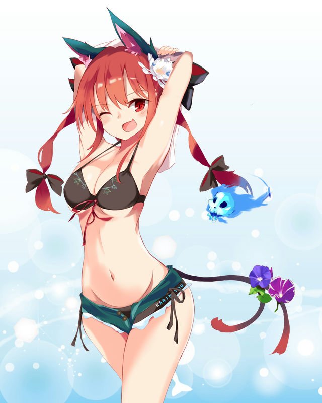 1girl alternate_costume animal_ears armpits arms_behind_head bangs bikini black_bikini blue_fire bow breasts cat_ears cat_tail denim denim_shorts fang fire floating_skull hair_between_eyes hair_bow hips kaenbyou_rin looking_at_viewer medium_breasts multiple_tails navel one_eye_closed red_eyes redhead ribbon shiny shiny_hair short_shorts shorts simple_background slit_pupils solo swimsuit tail tetsurou_(fe+) thighs touhou twintails two_tails waist white_background