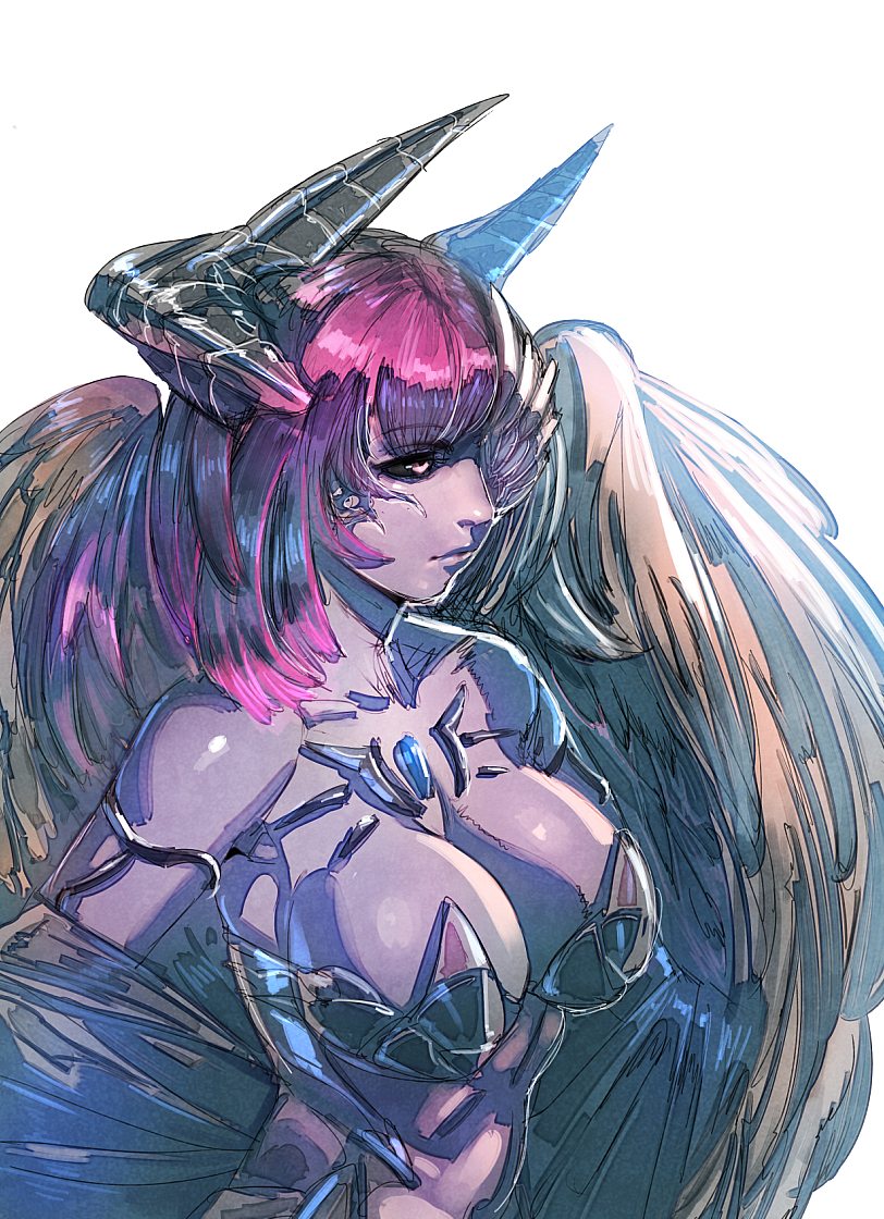 1girl bare_shoulders black_sclera bow_(bhp) breasts cleavage dark_skin horns large_breasts lips long_hair original pink_hair simple_background solo white_background wings
