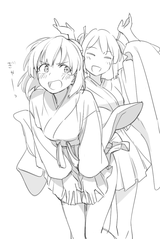 2girls :d =_= arms_up blush breasts closed_eyes cowboy_shot crying crying_with_eyes_open eyebrows_visible_through_hair greyscale hair_ribbon hakama_skirt hiryuu_(kantai_collection) japanese_clothes kantai_collection kimono kinosuke_(sositeimanoga) long_hair long_sleeves monochrome multiple_girls open_mouth pleated_skirt ribbon short_hair simple_background skirt skirt_lift smile souryuu_(kantai_collection) tears twintails white_background wide_sleeves