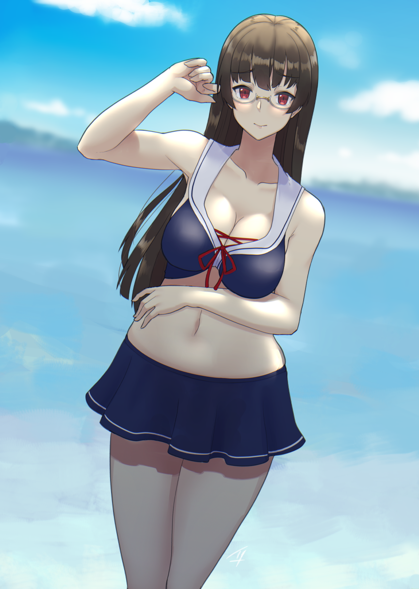 1girl adapted_costume beach bikini black_hair blue_bikini blue_skirt breasts choukai_(kantai_collection) cleavage closed_mouth collarbone eyebrows_visible_through_hair glasses hand_in_hair hand_on_own_stomach highres kantai_collection large_breasts long_hair looking_at_viewer navel outdoors red_eyes sailor_collar shadow skindentation skirt solo swimsuit taka_(vert_320)