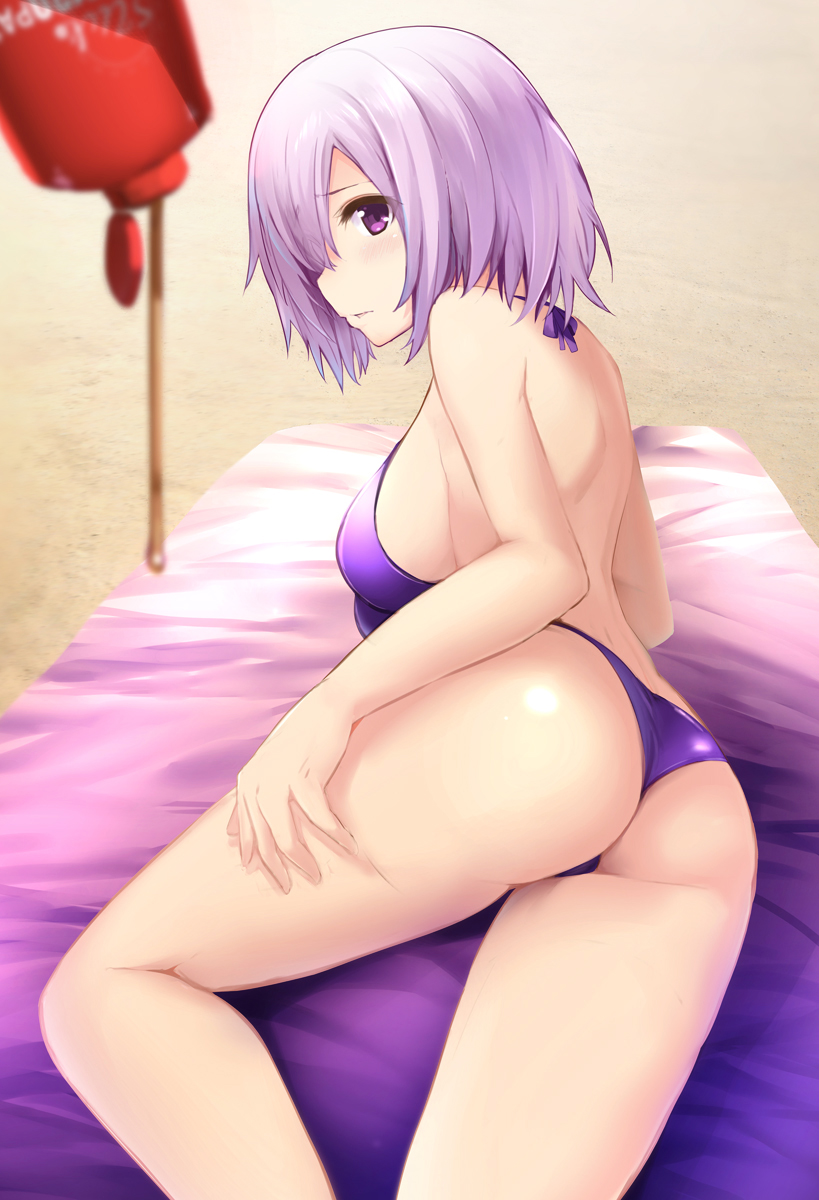 1girl alternate_costume ass bikini contemporary fate_(series) from_behind highres lips looking_at_viewer purple_bikini purple_hair rods shielder_(fate/grand_order) short_hair swimsuit thighs violet_eyes