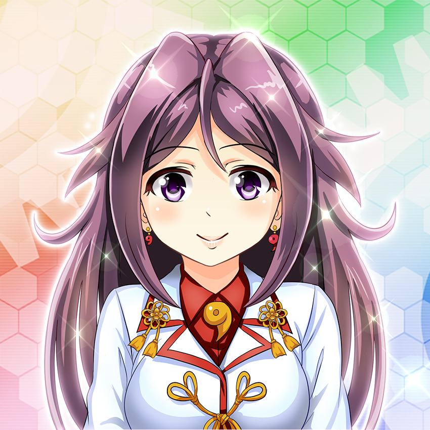 1girl commentary_request earrings gradient gradient_background jewelry jun'you_(kantai_collection) kantai_collection long_hair looking_at_viewer magatama magatama_earrings purple_hair smile solo sparkle tk8d32 violet_eyes