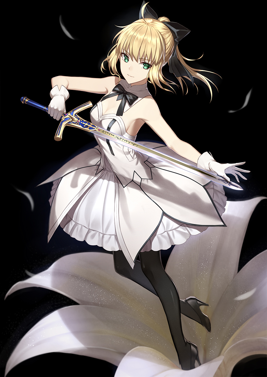 1girl bare_shoulders black_background black_bow blonde_hair bow detached_collar fame_peera fate/grand_order fate_(series) flower gloves green_eyes hair_bow high_heels highres lily_(flower) long_hair looking_to_the_side pantyhose petals ponytail saber saber_lily simple_background solo sword weapon