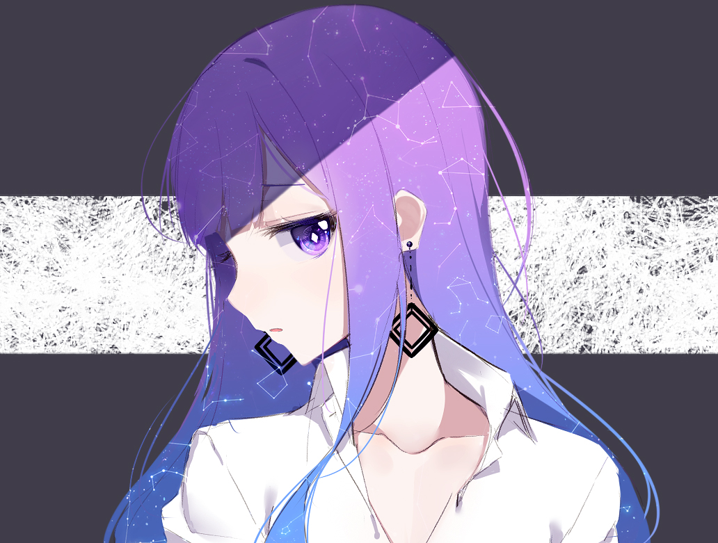 1girl bangs blunt_bangs collarbone collared_shirt constellation_print dress_shirt earrings jewelry looking_at_viewer original parted_lips profile purple_hair shade shirt solo space_print starry_sky_print the_cold upper_body violet_eyes white_shirt