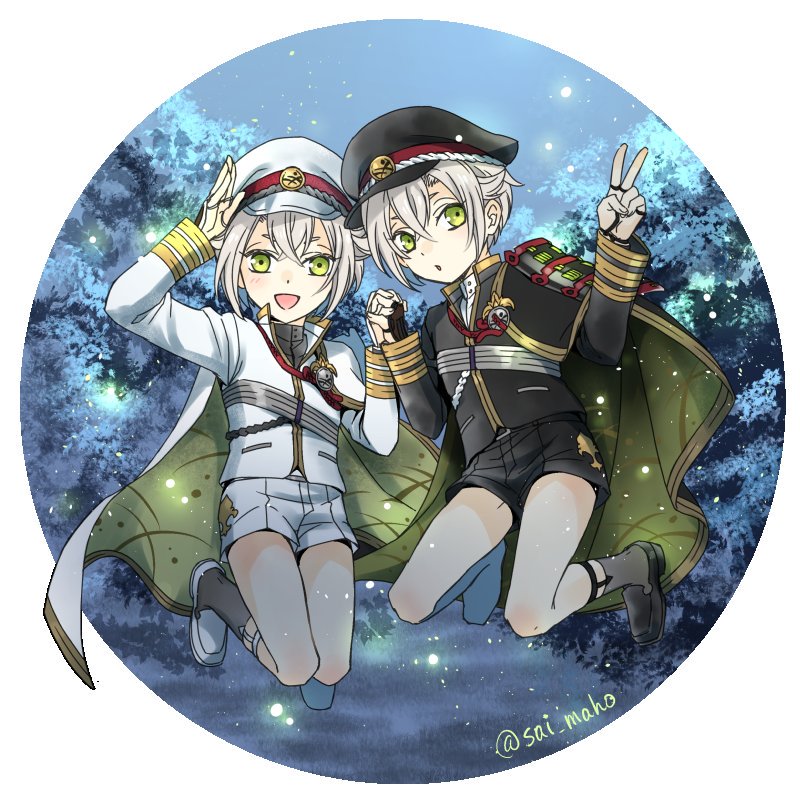 2boys cape chestnut_mouth circle dual_persona fireflies green_eyes hair_flaps hand_holding hat hotarumaru looking_at_viewer male_focus military military_uniform multiple_boys night peaked_cap salute sm_chika smile sock_garters touken_ranbu tree twitter_username uniform v