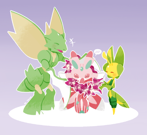 antennae blush closed_eyes dino_(tdino) holding leavanny lei lowres lurantis no_humans orchid orchid_mantis pink_wings pokemon pokemon_(creature) pokemon_(game) pokemon_bw pokemon_rgby pokemon_sm purple_background scythe scyther wings yellow_wings