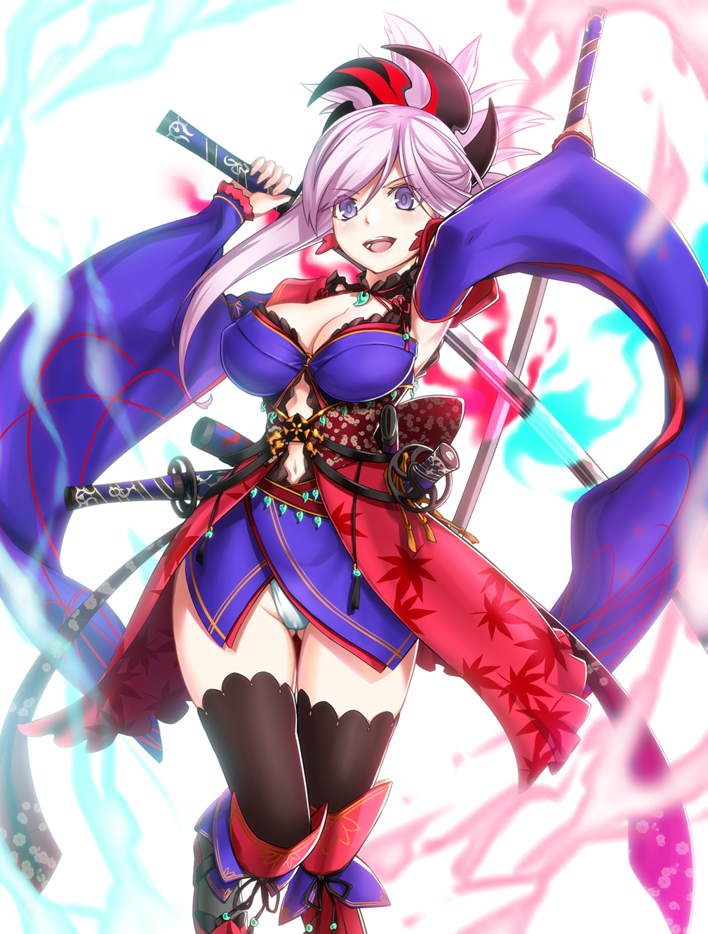 &gt;:d 1girl :d armpits arms_up belt black_legwear boots breasts cleavage commentary_request detached_sleeves dual_wielding erect_nipples eyebrows_visible_through_hair fate/grand_order fate_(series) floral_print gluteal_fold hair_ornament hat high_heels highres holding holding_sword holding_weapon japanese_clothes katana kimono knee_up kurobuchi_numama large_breasts lavender_hair leaf_print leotard long_hair looking_at_viewer miyamoto_musashi_(fate/grand_order) navel open_mouth ponytail purple_hair revision sheath sheathed simple_background smile solo sword teeth thigh-highs unsheathed violet_eyes weapon white_background white_leotard wide_sleeves