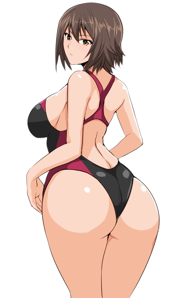 1girl ass bangs bikini blush breasts brown_eyes brown_hair competition_swimsuit cowboy_shot from_behind girls_und_panzer koujun_(mugenzero) large_breasts looking_at_viewer looking_back nishizumi_maho one-piece_swimsuit shiny shiny_skin short_hair sideboob solo swimsuit