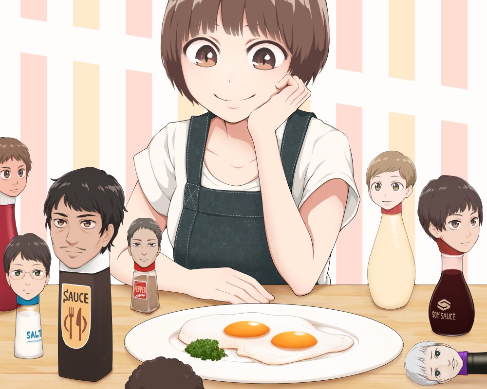 1girl 6+boys brown_eyes brown_hair commentary_request egg facial_hair glasses multiple_boys mustache original pepper_shaker plate salt_shaker sauce smile soy_sauce surreal tagme white_hair yajirushi_(chanoma)