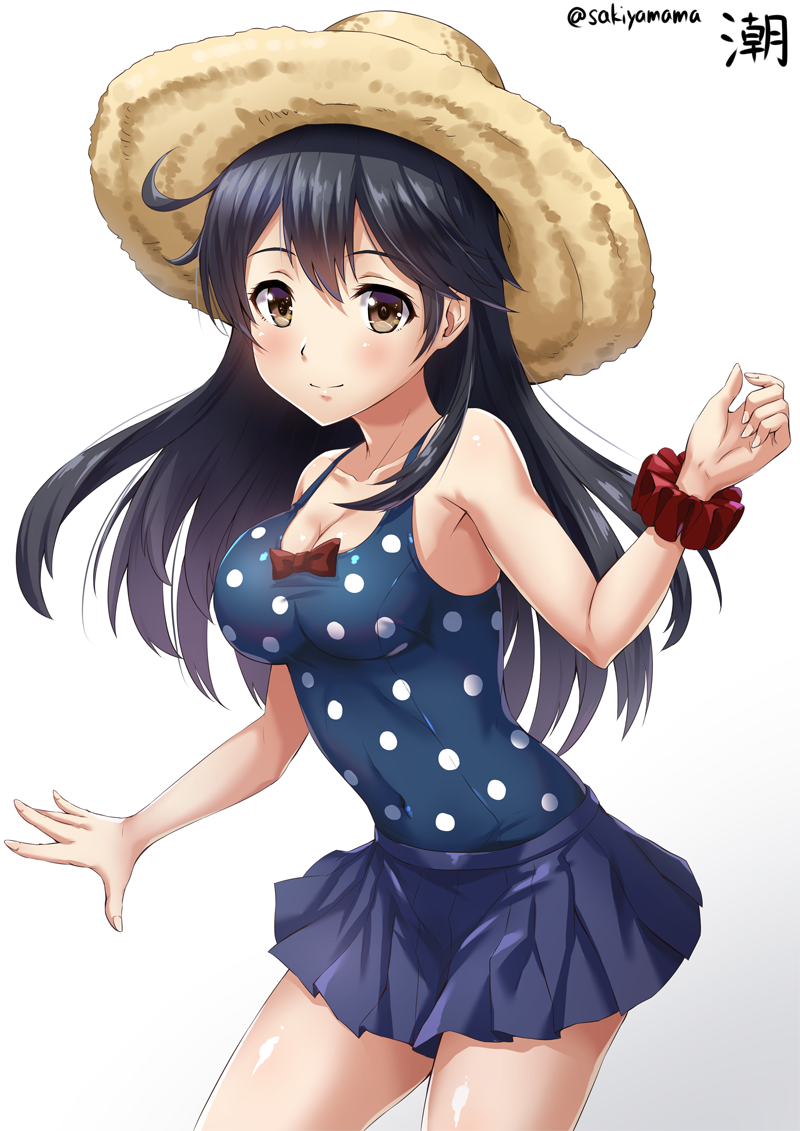 1girl ahoge alternate_costume armpits artist_name bare_arms bare_shoulders black_hair blue_skirt blue_swimsuit blush bow breasts brown_eyes brown_hat character_name cleavage closed_mouth collarbone contrapposto covered_navel cowboy_shot hair_between_eyes hat kantai_collection long_hair looking_at_viewer medium_breasts one-piece_swimsuit pleated_skirt polka_dot polka_dot_swimsuit red_bow sakiyamama scrunchie shiny shiny_skin simple_background skirt smile solo standing straw_hat swimsuit tareme twitter_username ushio_(kantai_collection) white_background wrist_scrunchie