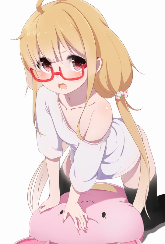 1girl :3 ahoge bangs bent_over bespectacled black_legwear blonde_hair blush bow brown_eyes collarbone flat_chest futaba_anzu glasses hair_bow hand_rest idolmaster idolmaster_cinderella_girls kneeling long_hair looking_at_viewer low_twintails no_pants off_shoulder open_mouth oversized_clothes polka_dot polka_dot_bow ratsuku_kinoko red-framed_eyewear semi-rimless_glasses shadow shirt short_sleeves sidelocks simple_background solo spread_legs stuffed_animal stuffed_bunny stuffed_toy t-shirt teeth thigh-highs twintails under-rim_glasses very_long_hair white_background white_bow white_shirt