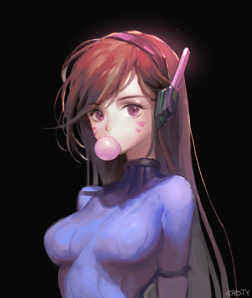 1girl arms_at_sides artist_name bangs black_background blue_bodysuit bodysuit breasts breasts_apart brown_hair bubble_blowing caesty chewing_gum d.va_(overwatch) facepaint facial_mark headphones medium_breasts overwatch pilot_suit ribbed_bodysuit simple_background skin_tight solo swept_bangs turtleneck upper_body violet_eyes whisker_markings