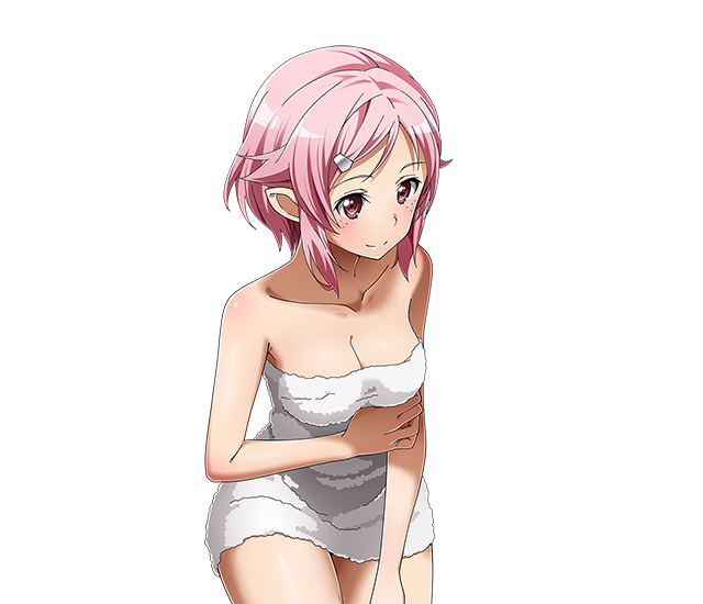 1girl breasts cleavage collarbone hair_ornament hairclip lisbeth_(sao-alo) medium_breasts naked_towel pink_hair pointy_ears red_eyes shiny shiny_skin short_hair sitting smile solo sword_art_online towel transparent_background white_towel