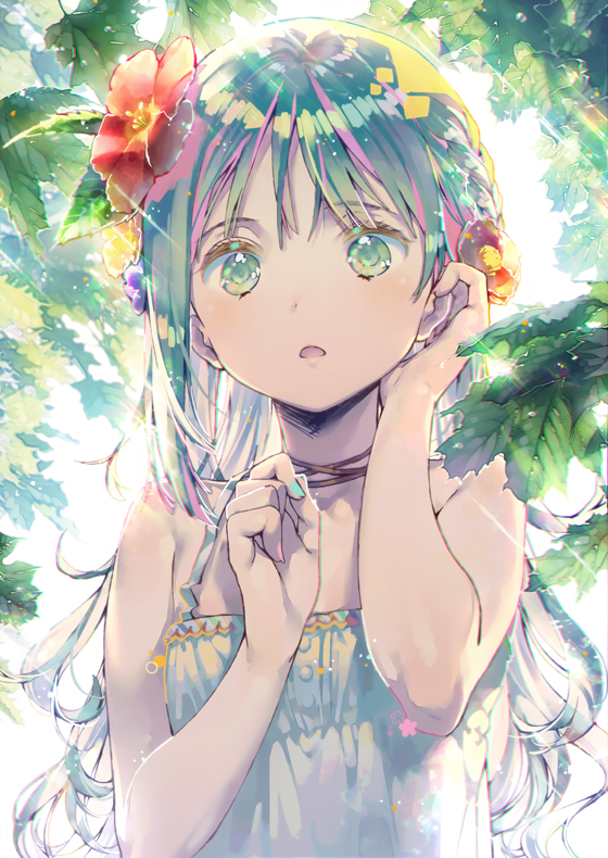 1girl :o adjusting_hair bare_shoulders commentary_request day dress dsmile flower green_eyes green_hair hair_flower hair_ornament leaf long_hair looking_at_viewer nail_polish open_mouth original outdoors revision sleeveless sleeveless_dress solo sundress sunlight tree upper_body white_dress