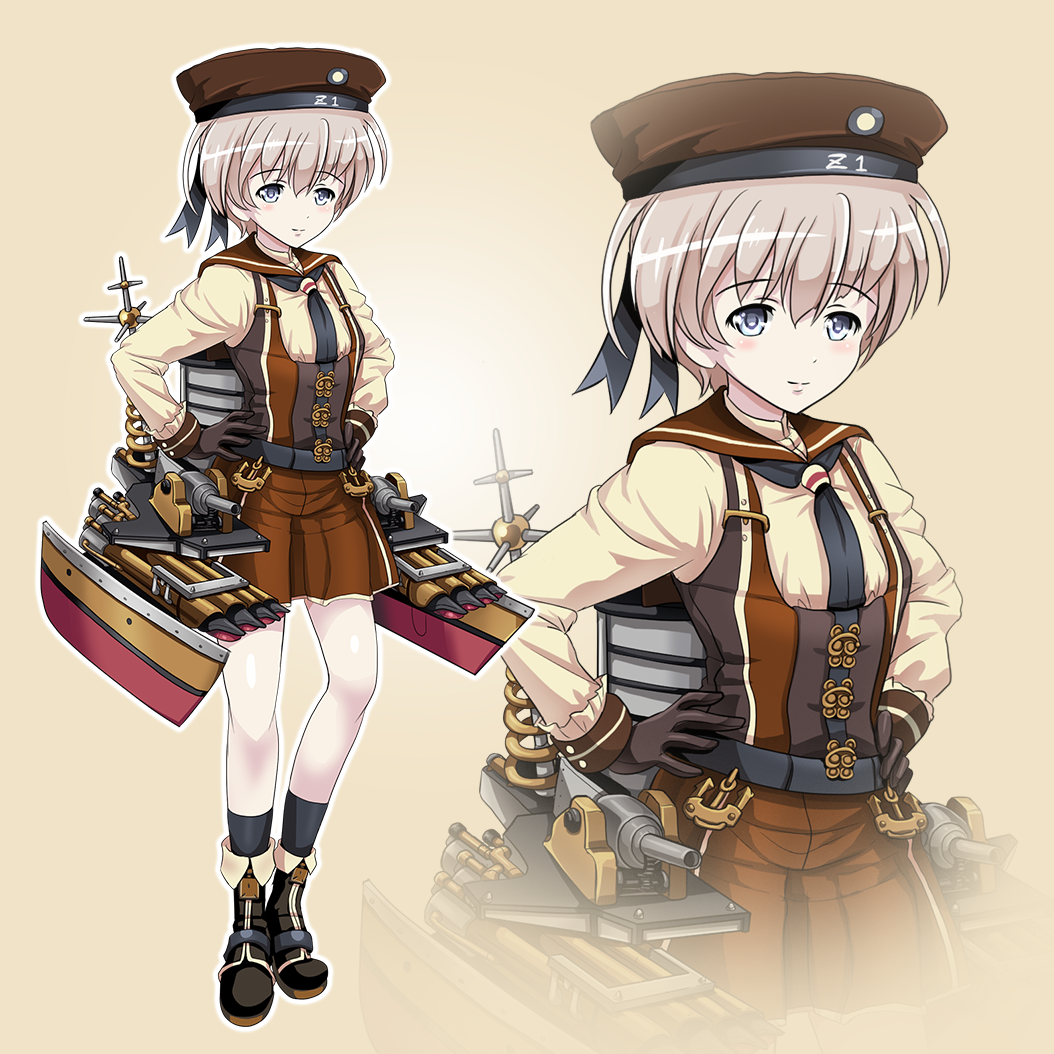 1girl alternate_costume beige_background boots grey_eyes hands_on_hips hat kantai_collection looking_at_viewer machinery pleated_skirt sailor_hat short_hair silver_hair simple_background skirt smile solo steampunk tk8d32 turret z1_leberecht_maass_(kantai_collection) zoom_layer