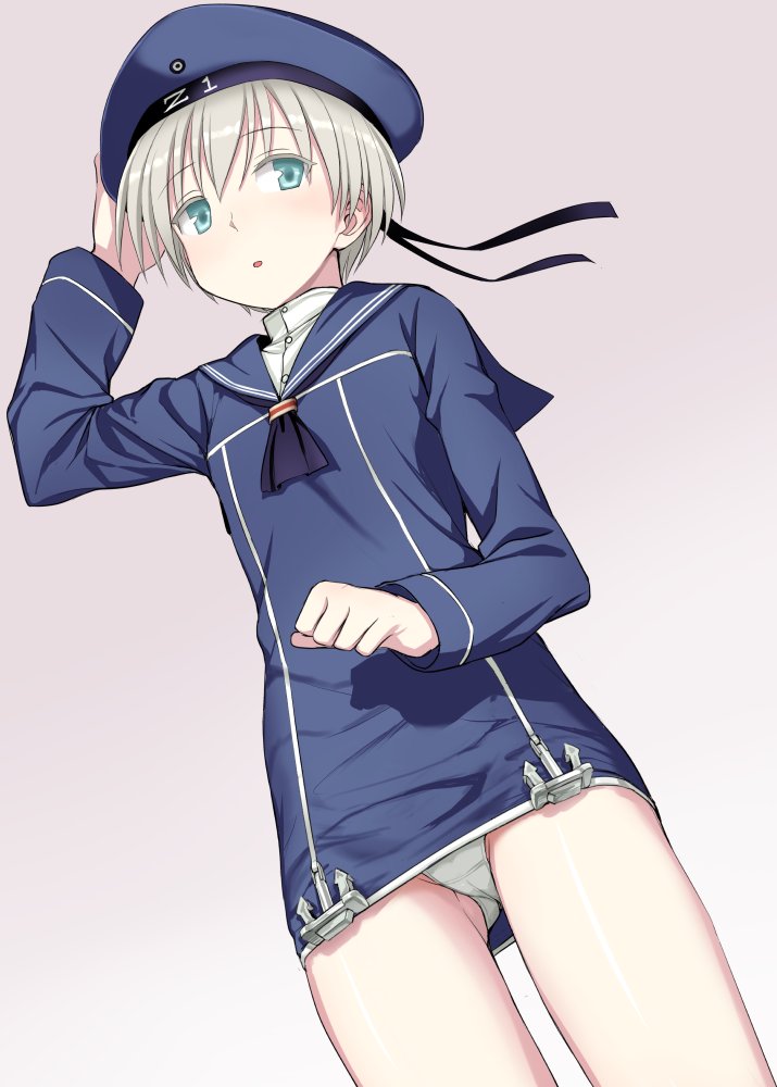 1girl anchor ass_visible_through_thighs blue_eyes clothes_writing from_below grey_hair hand_on_headwear hat kantai_collection kumadano long_sleeves panties parted_lips sailor_collar short_hair solo underwear upskirt very_short_hair white_panties z1_leberecht_maass_(kantai_collection)