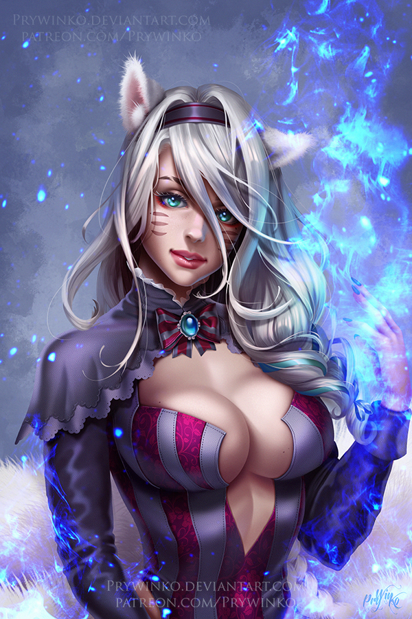 1girl ahri alternate_costume alternate_eye_color alternate_hair_color animal_ears blue_eyes breasts capelet cleavage fox_ears fox_tail hairband large_breasts league_of_legends long_hair looking_at_viewer magic olga_narhova signature silver_hair solo tail watermark web_address